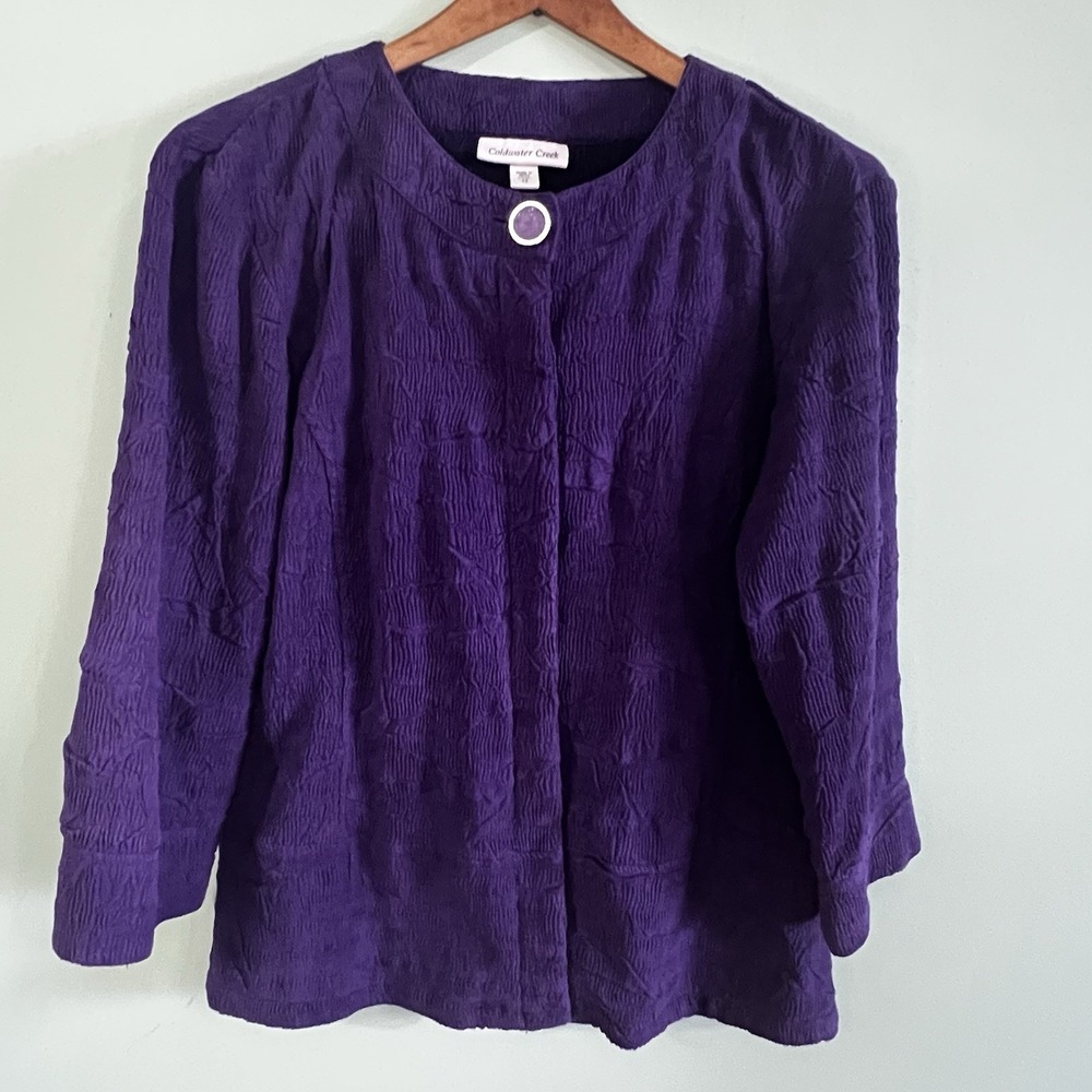 Coldwater Creek Purple Crinkle Top Jacket‎ Button Shirt 3/4 Sleeve Blouse 12